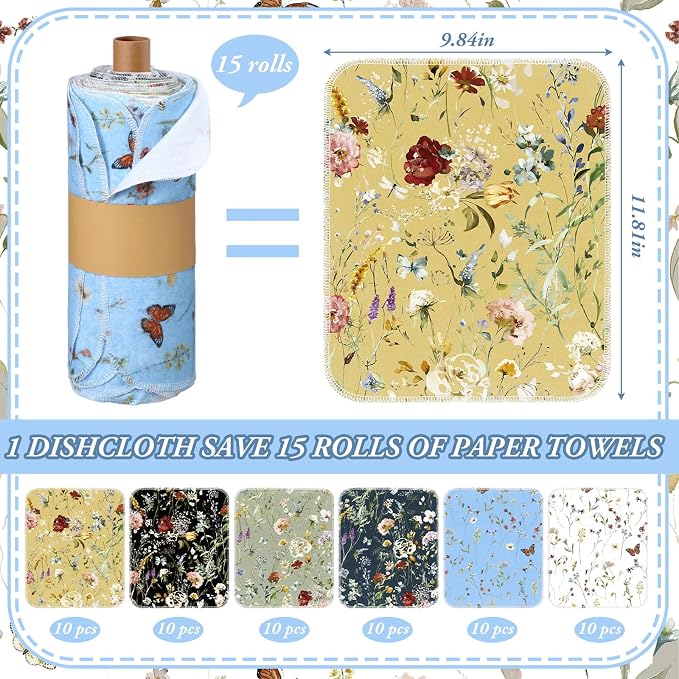 Reusable Kitchen Cloths Cotton Towel, 60 Pack, Rich Flowers | Washable 9.84x11.81in, Paperless Towel Rolls Bulk, Cleaning Cloth Napkins for Dishes
