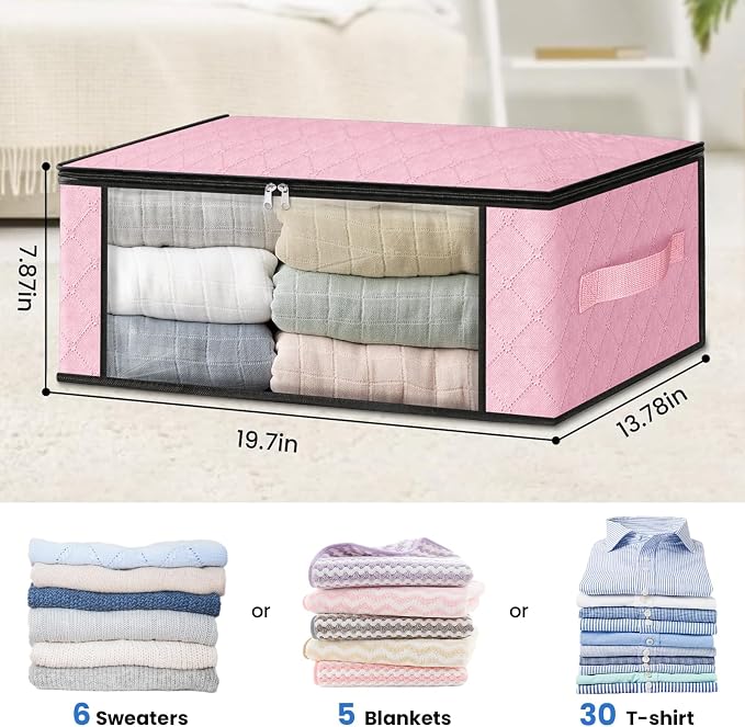 HomeHacks 4-Pack Clothes Organizer Storage Bags, 35L Storage Bins, Pink | Foldable Storage Box Container with Zippers, Clear Window, Reinforced Handles for Closet, Dorm, Pillows, Bedding, Sweater