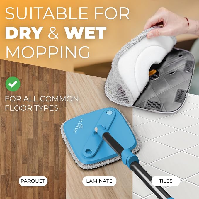 Mop and Bucket Set, Mops for Floor Cleaning, Spin Mop, Blue | Spin Mop With Wringer, Dual Chamber Bucket, Flat Microfiber Mop, 2 Washable Heads, 63 Inch Handle
