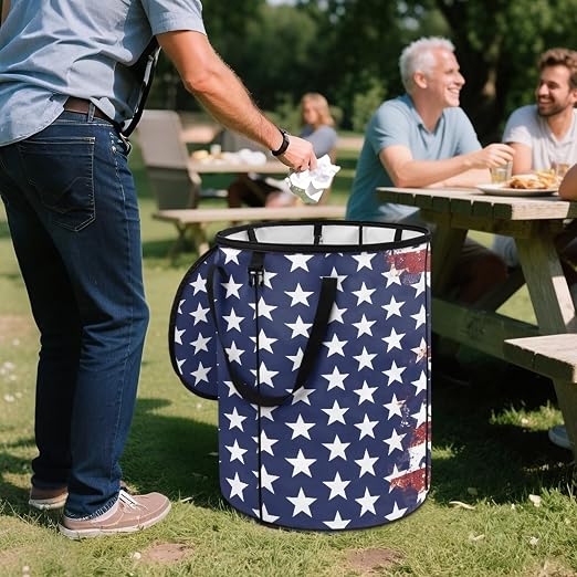 doginthehole 4th of July Decor Collapsible Trash Can with Lid Patriotic American Flag Trash Can 23 Gallon Waterproof Portable Outdoor Waste Bin for Car, Camping, Picnic, Independence Day Decorations