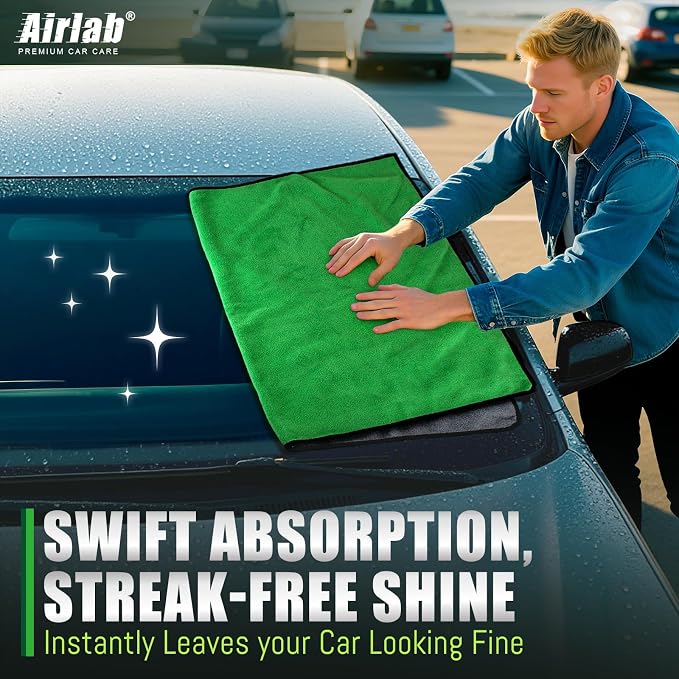 Microfiber Towels Cars Wash Drying Cleaning Cloth, Green & Grey | Thick Plush Auto Detailing Super Absorbent for Interior & Exterior Lint Free, Streak Free, 35 x 24 Inch, Pack of 2