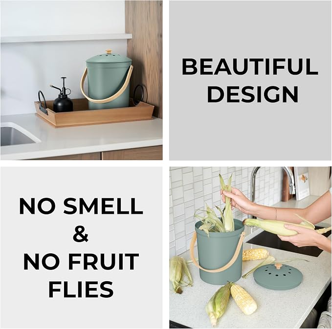 Beautiful Kitchen Compost Bin with Smell Proof Lid for Your Countertop | Rust Proof and Odorless 1.1 Gallon Bucket with No Smell Filters - Easy to Clean and Looks Great on Any Kitchen Counter