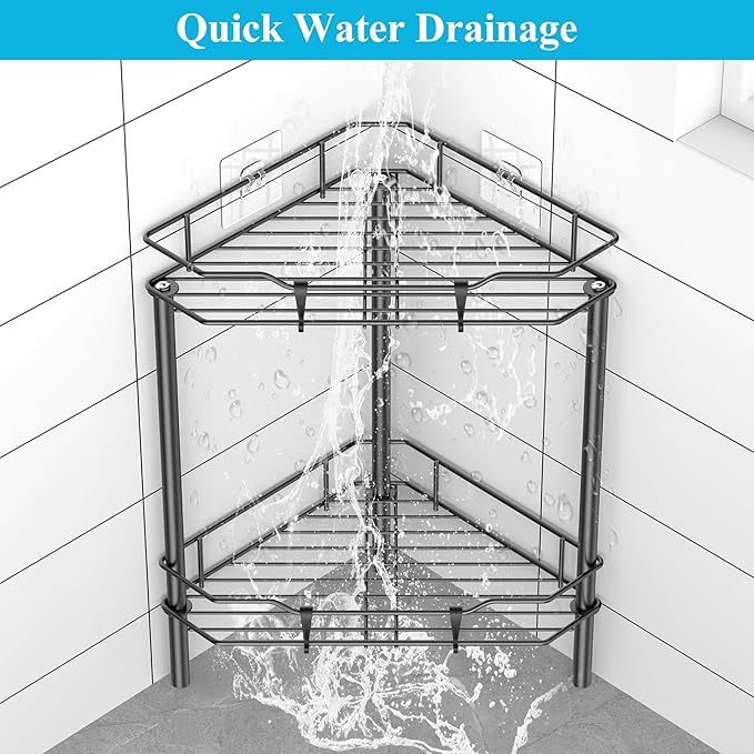 HuggieGems Metal Floor Standing Corner Shower Caddy, Black, 2 Tier | Adhesive Bathroom Organizer Shelves, Free Standing Shower Rack with Hooks, Hold Large Shampoo Bottles