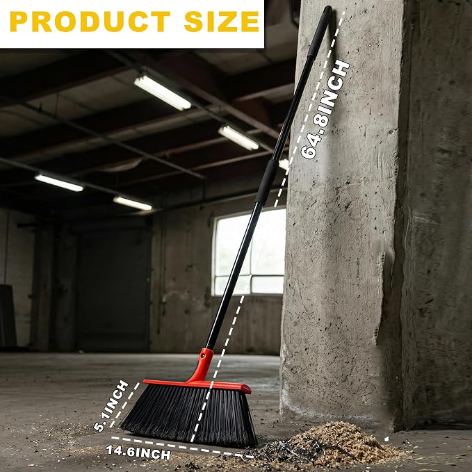 Large Angle Brooms Indoor Outdoor Broom with Long Handle Stiff Bristle Sweeper for Kitchen Garage Deck Courtyard Lobby Patio Lawn Leaves (Red)