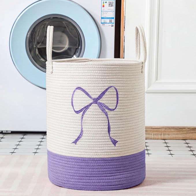 Honeydak Purple Laundry Basket Bow Hamper Coquette Laundry Basket Cotton Rope Purple Hamper 15 x 17.7 Inches Toy Box Large Coquette Bow Teens Girls Room Storage for Blanket Toys Clothes Organization