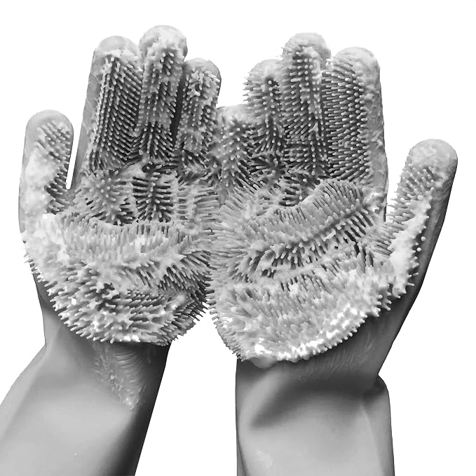 ALPENKOK Silicone Gloves for Washing Dishes, Reusable, Non-Slip (Grey) | Tear-Resistant, Water-Blocking, Dense Bristles; Dog Washing Gloves for Pet Use, Kitchen Cleaning & Daily Chores
