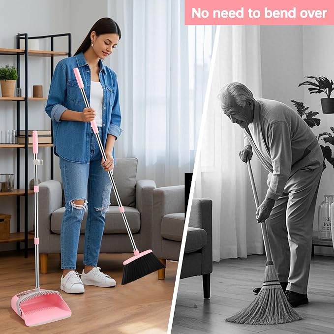 2-Pack Broom with Dustpan Combo Set, Hand Broom and Dustpan Set for Sweeping Indoor Angle Broom for Home Office Kitchen Lobby Floor Pet Hair Indoor&Outdoor Cleaning (Pink&Gray)(2-Pack)