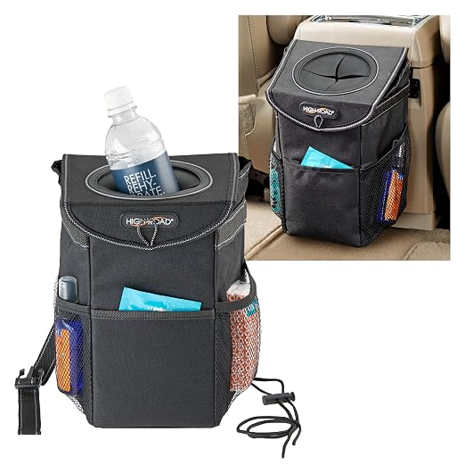 High Road StashAway Heavy Duty Car Trash Can with Rubber Lid | Leakproof Car Garbage Can With 3 Storage Pockets and Sturdy Panels for Stable Floor or Hanging Seatback Use