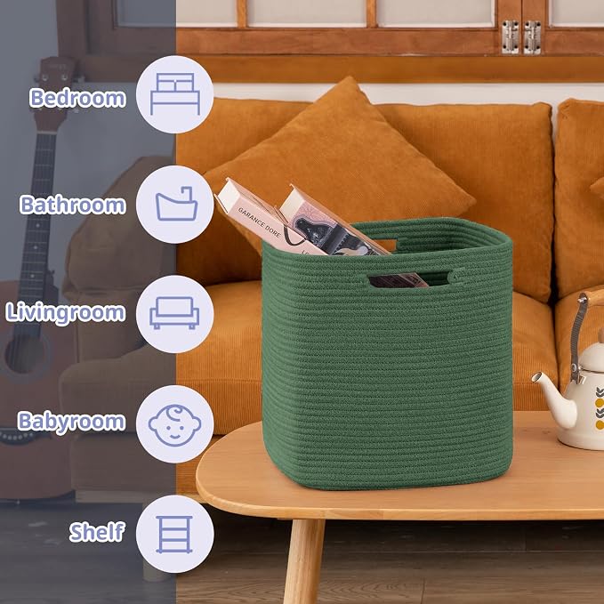 OIAHOMY 2 PACK Cube Storage Bin 13 Inch Collapsible Storage Cube Green | Cube Storage Organizer Storage Bins for Shelves Baskets for Organizing Woven Rope Storage Baskets