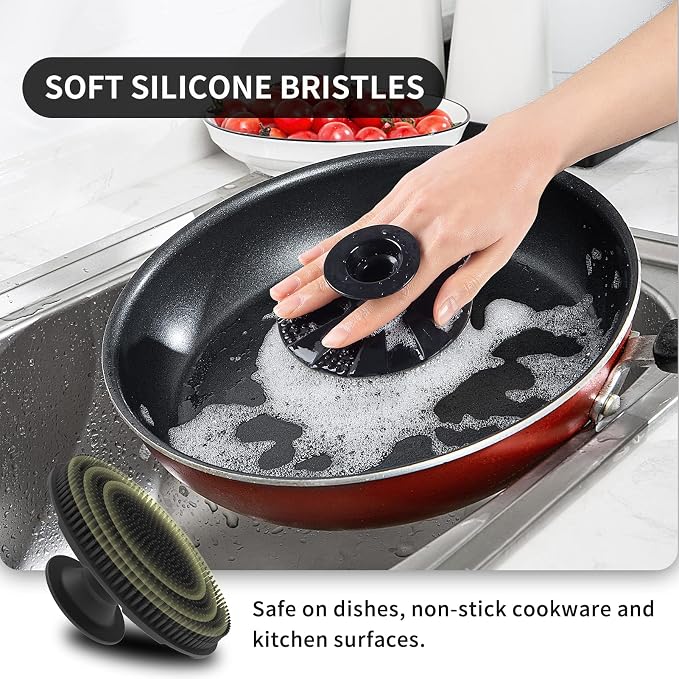 Silicone Dish Scrubber, Non-Scratch Scrub Spong for Washing Dish, Pot, Pan | Kitchen Silicone Sponge, Fruit & Vegetable Cleaning Brush, Reusable Dishwashing Scrubber, Suction Up Hang Designed, 2 Pack