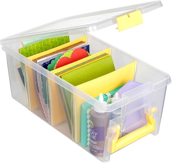 ArtBin Semi Satchel Craft Organizer with 3 Dividers, Yellow Accents | 3 Removable Dividers, 15.2 x 8 x 6.2 Inches, Secure Latches, Carry Handle, Clear Durable Polypropylene