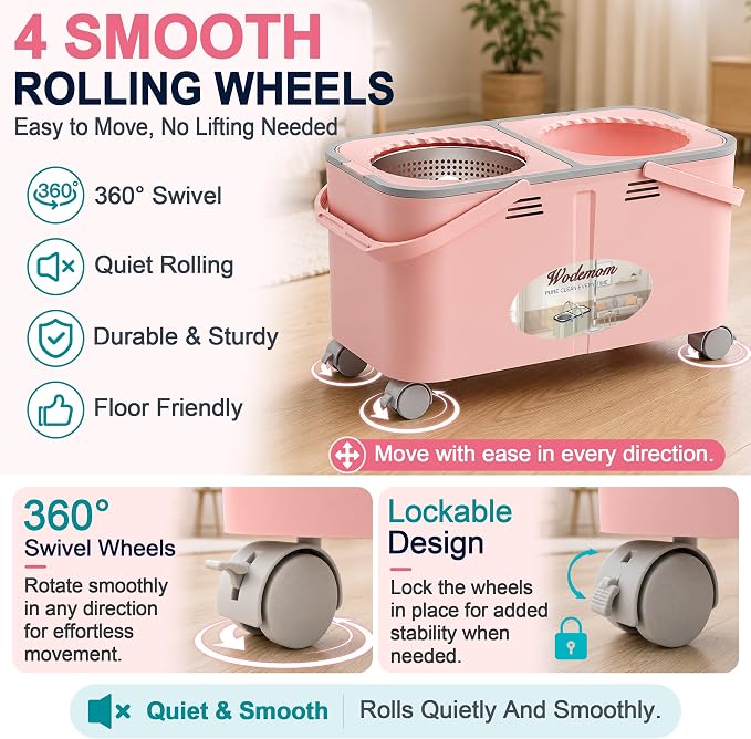 Easy-Rinse Mop Bucket Gen 2, Clean/Dirty Water Separation,Pink | Shower-Style Rinse, 1.5 Gal Capacity, 4 Wheels, 61-inch Handle, 6 Heads, for Apartments, Hardwood, Laminate & Tile Floors