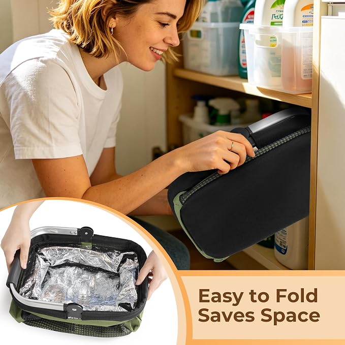 PGmoon Foldable Cleaning Caddy with Rotate Handle and Multi-Pockets | Cleaning Supply Organizer Bag with Easy Clean Liner, Portable Small Cleaning Tote for Kitchen Cleaning Supplies,Housekeepers