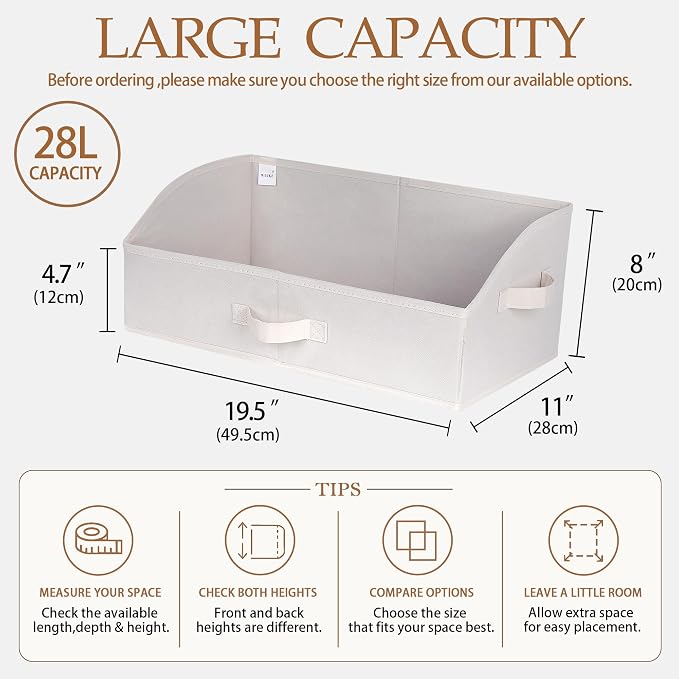 WUIKE Trapezoid Closet Storage Bins with Handles, White & Beige, 3 Pack | 19.5"L x 11"W x 8"H, Closet Shelf Organizer, Home Storage for Handbags, Clothes, Towels, Wardrobes, and Living Rooms