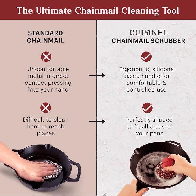 Cast Iron Chainmail Scrubber + Pan Scraper - Ergonomic Stainless and Silicone Cleaner for Pots and Skillets - Premium Food-Safe Design - Easy to Clean Dishwasher Safe Cookware Sponge Kitchen Accessory