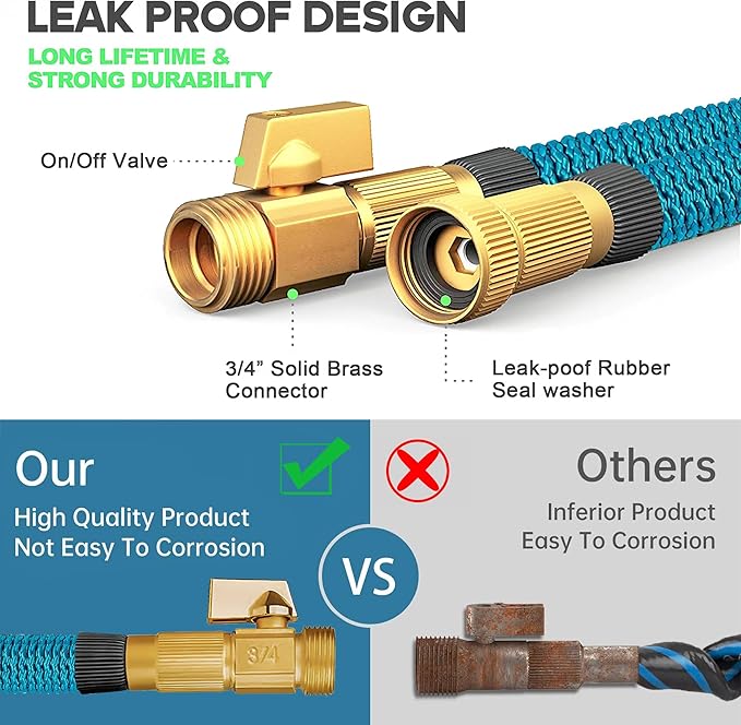 Expandable Garden Hose 100 ft with 10 Function Nozzle Sprayer, Lightweight Flexible Water Hose with Durable Collapsible Latex Core & Solid Brass Fittings, 100ft Retractable Stretch Hose, Blue