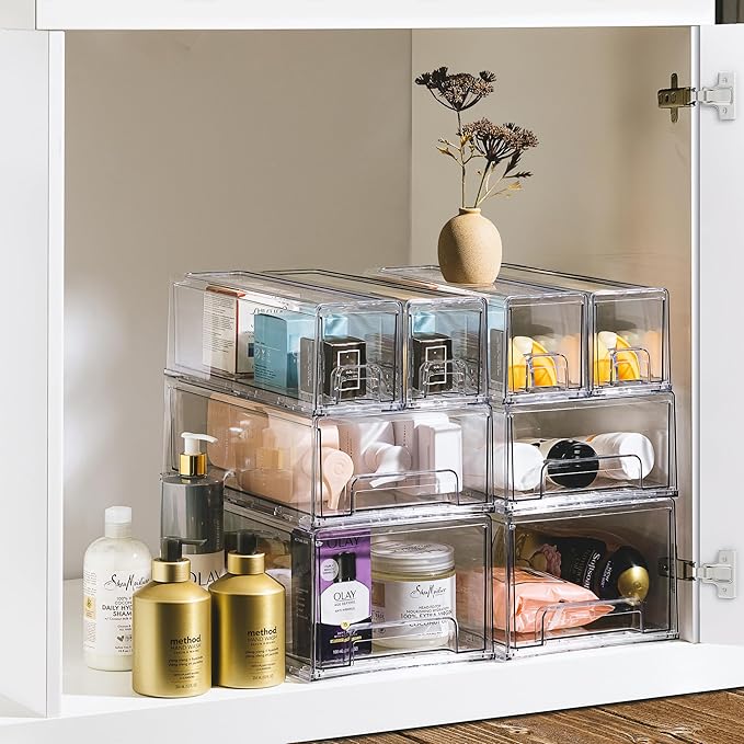 Sorbus Clear Stackable Storage Drawers with Handles (Small + Wide, 6 Pack) | Easy-access plastic organization for pantries, offices, bathrooms and closets; supports sorting and visibility.