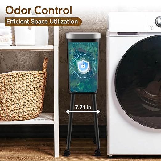 Laundry Waste Basket with Wheels and Lid, High Foot 4 Gallon Narrow Garbage Can with Silver Edge, Pop Up Lid Pet Waste Trash Can with Legs, Black Plastic Garbage Bin for Kitchen, Bedroom, Toilet