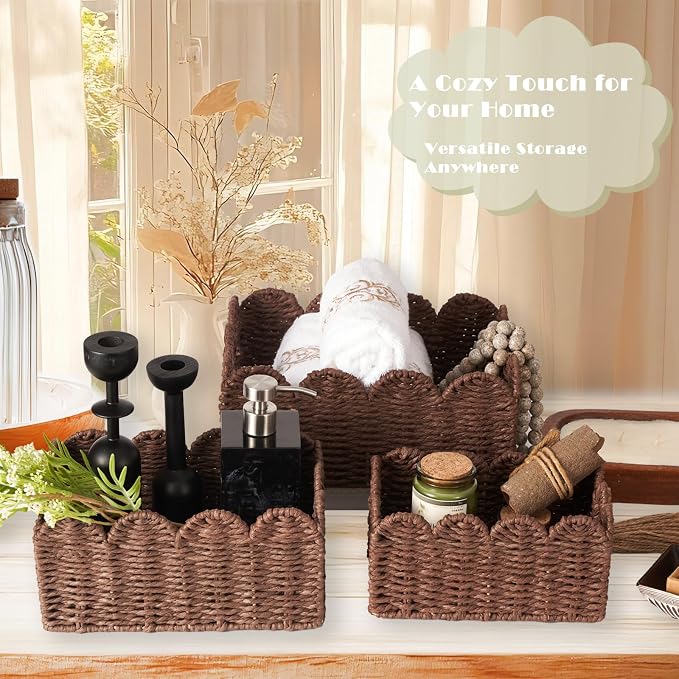 Scalloped Wicker Basket Set of 3, Hand-Woven Storage with Handles | set of 3 brown scalloped baskets with handles. Hand-woven paper rope for shelves, bathroom or closet. Stackable, sturdy.
