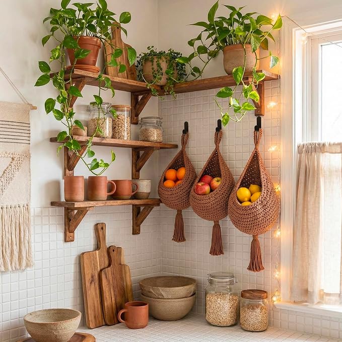 Honeydak 3 Hanging Baskets, White, Cotton Rope, Tassel | Wicker Wall Baskets with Hooks for Fruit Vegetable Onion Storage, Teardrop Organizer for Kitchen, Boho Farmhouse Decor