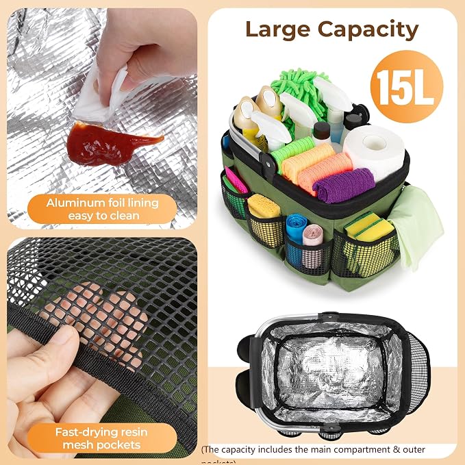 PGmoon Foldable Cleaning Caddy with Rotate Handle and Multi-Pockets | Cleaning Supply Organizer Bag with Easy Clean Liner, Portable Small Cleaning Tote for Kitchen Cleaning Supplies,Housekeepers