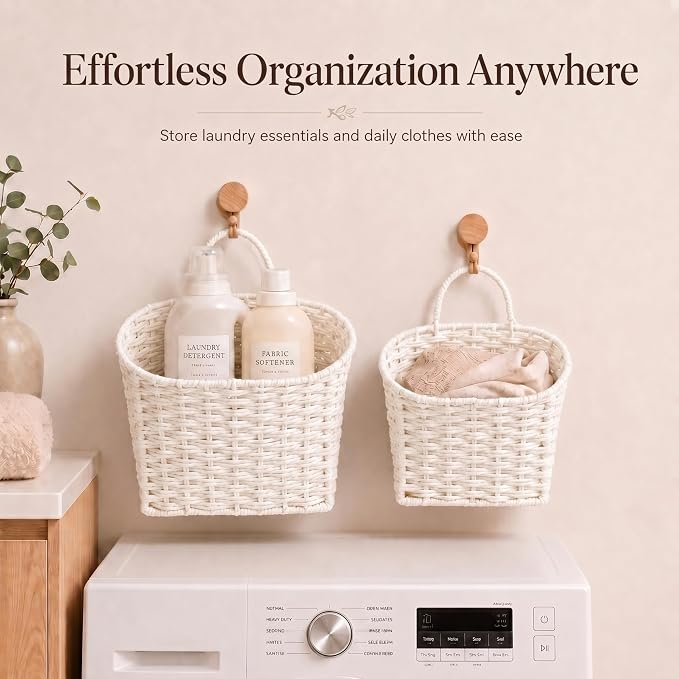 Coeusy Set of 2 Wicker Hanging Basket,Paper Roper Wall Basket,Beige White | Rattan Baskets for Front Door, Mail, Flowers,Entryway,Nursery Wall Decor Storage