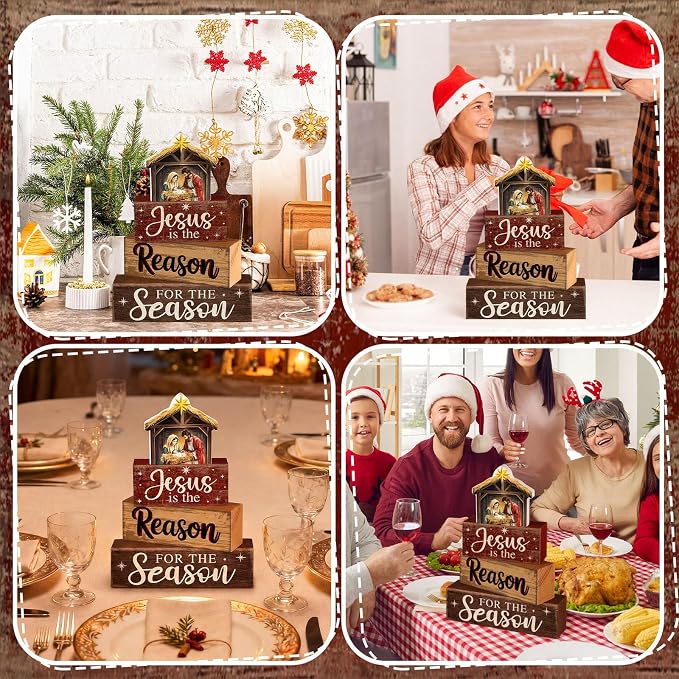 Moucuny 4 Pcs Christmas Table Decor Christian Nativity Scene Wooden Blocks | Tiered Stacked Centerpiece for Shelf Mantel, Rustic Christmas Holiday Decor with Manger Scene Star Topper, Layered Display