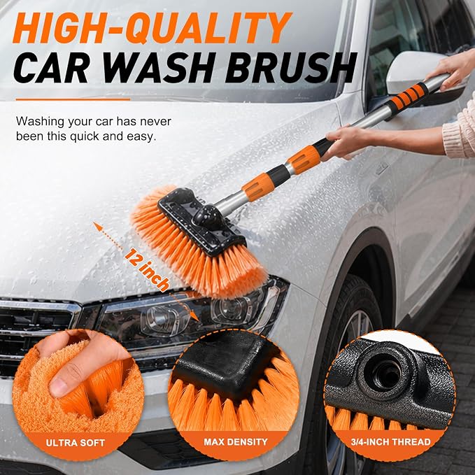 SISUPASSIE 12FT Car Wash Brush with Long Handle, 12-Inch Soft Bristle Car Cleaning Brush for Cleaning RV, Truck, Boat, Solar Panels, Orange