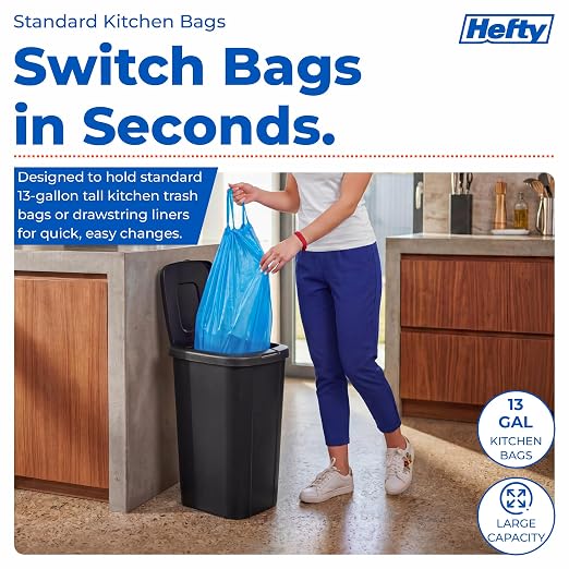 Hefty 13.3 Gallon Trash Can with Lid, Plastic Garbage Can Touch Button, Kitchen Waste Basket for Home Office, Large Capacity Trash Bin, 4 Pack, Black