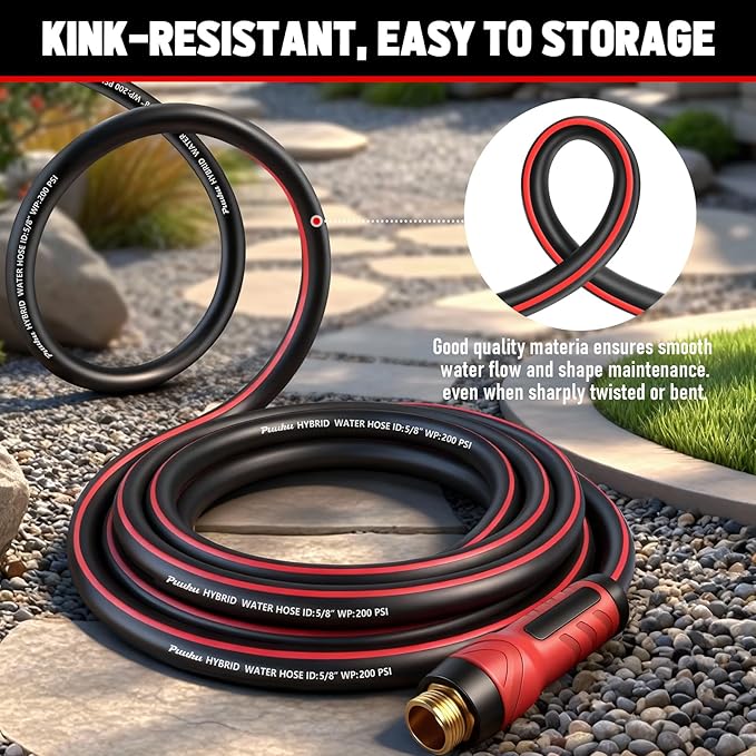 Garden Hose 100ft x 5/8", NON-EXPANDABLE Heavy Duty Hose with Nozzle | 10 Function Spray Nozzle, No Kink, Leakproof, Lightweight Hybrid Hose with Swivel Handle, Male to Female Fittings