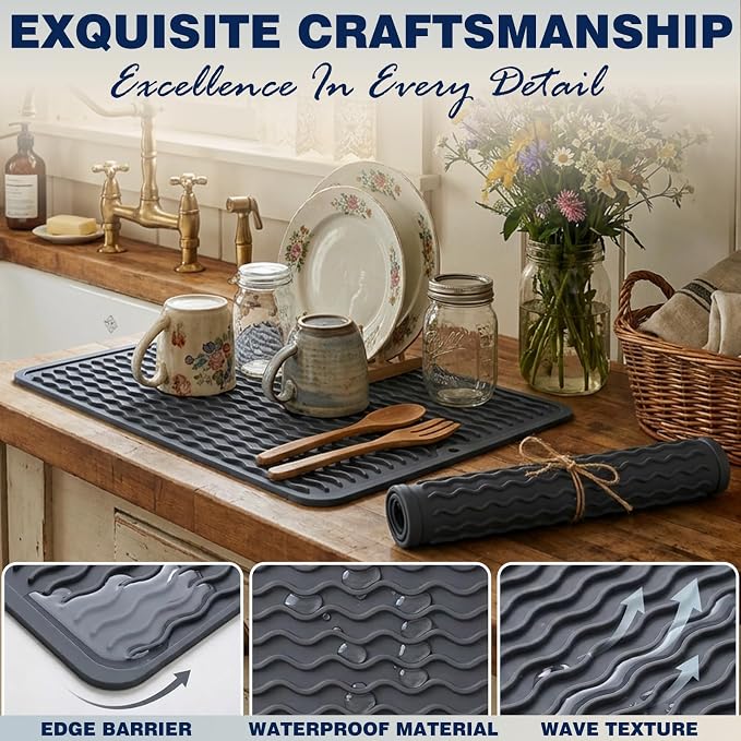 2 Pack Caketime Silicone Dish Drying Mat for Kitchen Counter Escurridor de Trastes para Cocina Cooking Dining Hot Pads Rubber Palcemats Coffee Bar Must Haves Women Gifts 15"x11.5" Green