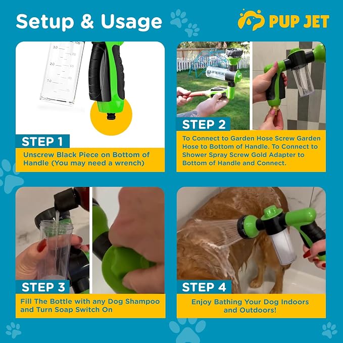 The Original Pup Jet Dog Washing Hose Attachment with Soap Dispenser | 8-in-1 Fur Sweep Shower Attachment & Shampoo Sprayer for Dog Wash, Bath and Grooming, Perfect Pet Care Indoor Outdoor