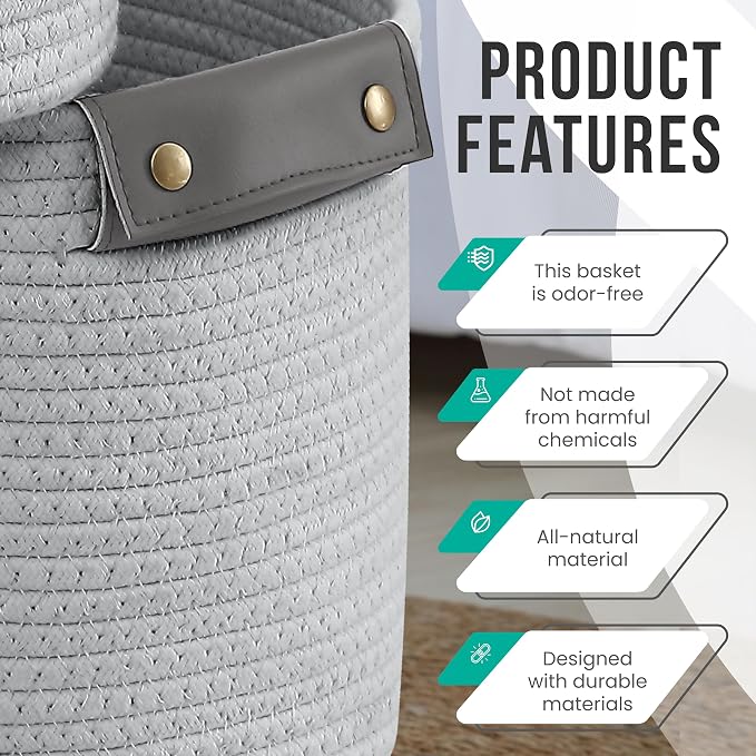 3 Pack Woven Cotton Rope Storage Basket, 15x10x9, Gray | Faux Leather Handles; Decorative Closet Shelf Organizer; Ideal for Storage & Organization