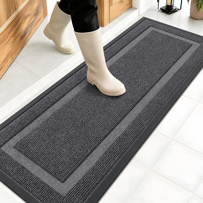 OLANLY Front Door Mat Outside 47x17, All-Season Heavy-Duty Rubber Doormat | Grey, Absorbent, Stain and Fade Resistant, Waterproof Non-Slip Backing, Low-Profile Indoor Outdoor Floor Mat for Entryway