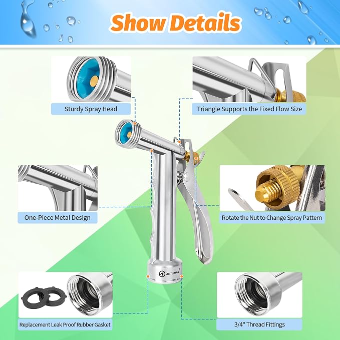 AUTOMAN Full Size Garden Hose Nozzle, High Pressure Pistol Grip Water Nozzle Sprayer with Threaded Front, Adjustable Spray Water Flow for Washing Car, Cleaning Ground, Watering Plants, Showering Pet