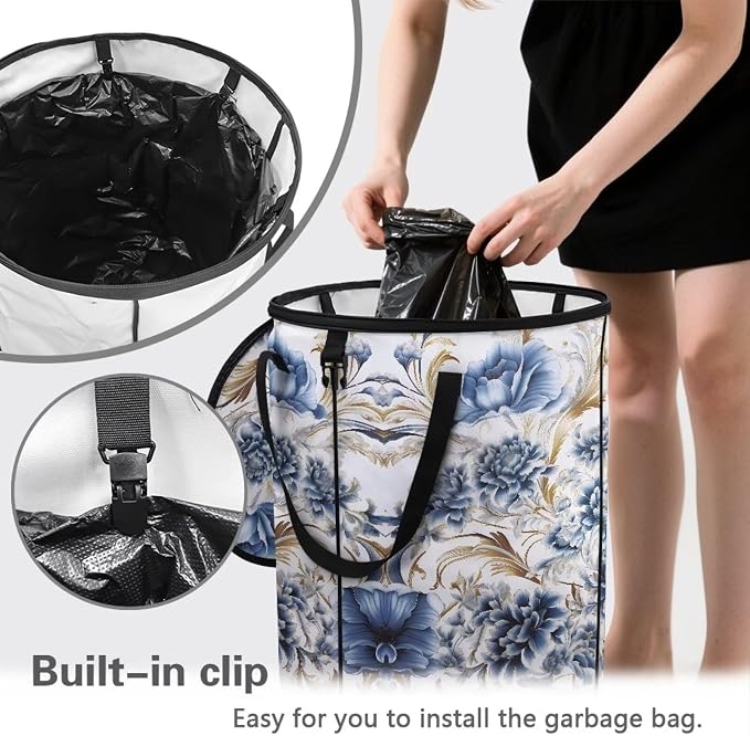 Floral Collapsible Garbage Can with Lid 24 Gallon Pop up Trash Can for Camping Waterproof Outdoor Recycling Bin Flodable Portable Trash Bag with Sorting Clips for Hiking Yard
