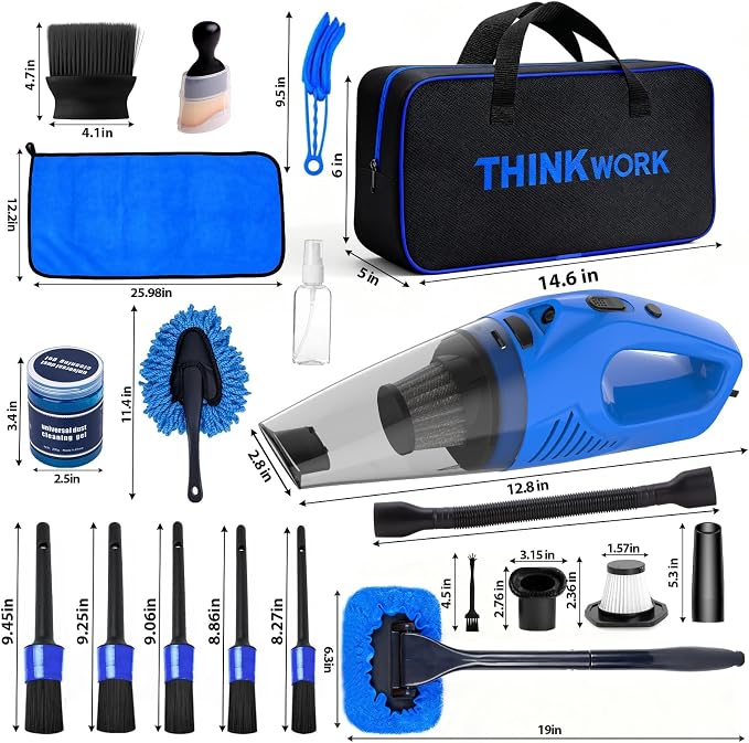 THINKWORK Car Cleaning Kit with Vacuum,Deep Cleaning for Interior Detailing | 7600PA High Power Corded Handheld Vacuum,Windshield Cleaner Tool,Detailing Brush Set,Storage Bag,17Pcs Blue Car Accessories
