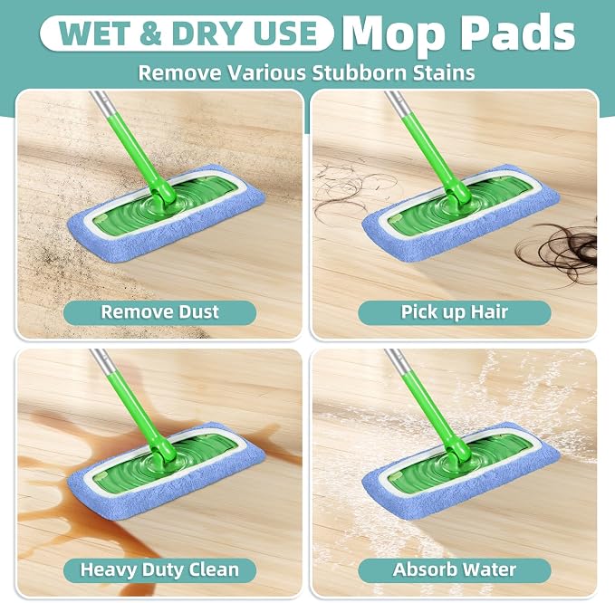 Reusable Mop Pads for Swiffer Sweeper Mop, Microfiber Dry Sweeping Cloths | Machine Washable Wet Pads Refill for Use on All Sealed Floors - Stone, Hardwood, Laminate & Tile (6 Blue)