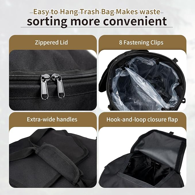 ONETIGRIS Collapsible Trash Can, 12 Gallon Camping Trash Bin with Lid | 12-gallon collapsible trash bin with lid, sorting clips and 600D Oxford fabric for camping, RV, recycling and yard waste