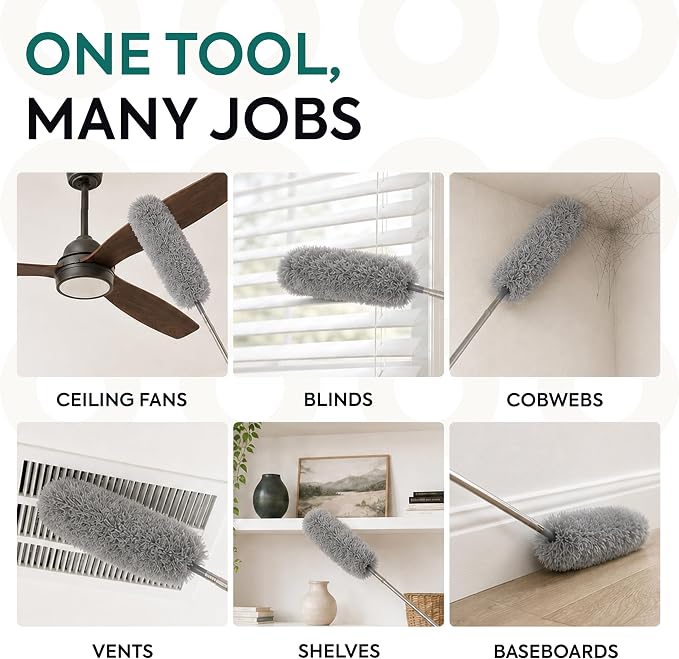 GÜTEWERK Extendable Microfiber Duster, 100 Inch - Feather Dusters for Cleaning Ceiling Fans, Blinds, Baseboards & High Ceilings - Washable, Electrostatic, 360° Bendable Head, Stainless Steel Pole