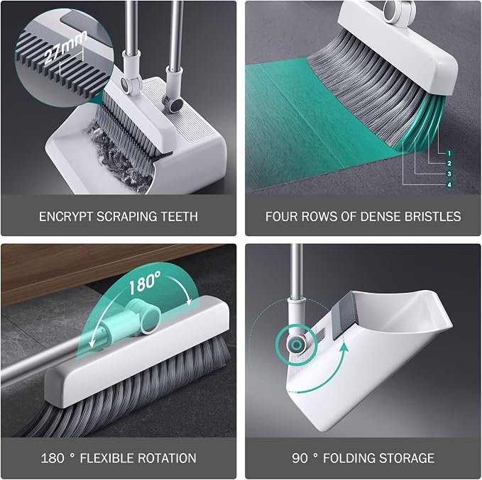 Broom Dustpan with Long Handle, 3-in-1 90° Stand up Heavy Duty Dust Pan and Broom Set 180° Rotation for Indoor & Outdoor Sweeping Home..