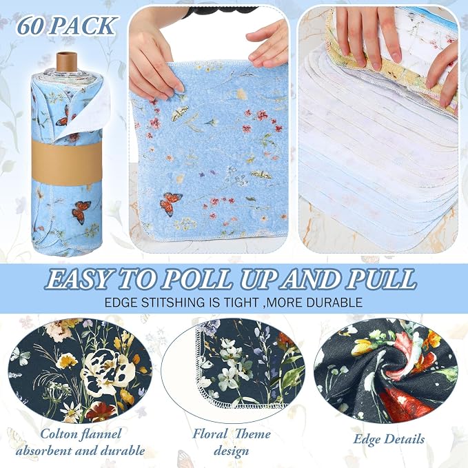 Reusable Kitchen Cloths Cotton Towel, 60 Pack, Rich Flowers | Washable 9.84x11.81in, Paperless Towel Rolls Bulk, Cleaning Cloth Napkins for Dishes