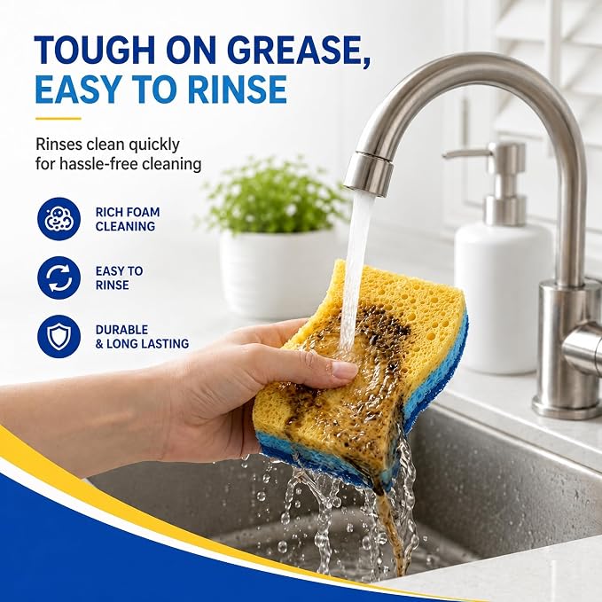 12 PCS Sponges Kitchen, Non Scratch Scrub Sponges for Washing Dishes, Blue | 3-Layer Kitchen Sponge, Dual-Sided Cleaning, Rich Suds Fast, Easy-Grip Design, Easy Rinse & Quick Clean
