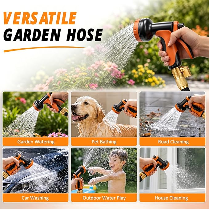 Non-Expandable Garden Hose 50FT, Ultra Lightweight Flexible Water Hose with 10-Function Spray Nozzle, Kink-Free and Leak-Proof Design, Heavy-Duty Outdoor Hose for Yard, Lawn, Car Wash, Pet Bathing