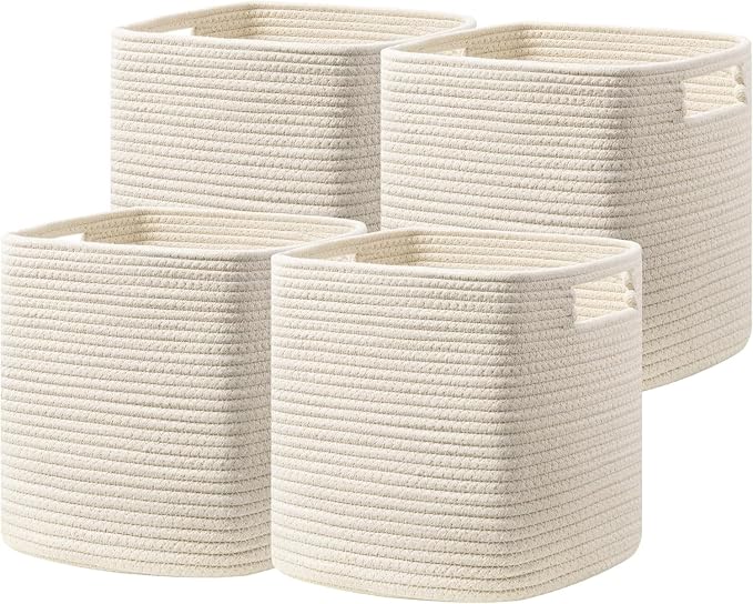 Dreamcountry 11 Inch Cube Storage Bins, Storage Cubes with Handles, 4 Pack Cotton Rope Basket for Shelves, Cube Storage Organizer forToys, Book, Clothes, Home, Office, Nursery, Beige