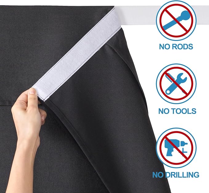 RYB HOME French Door Curtains for Patio Sliding Glass Door, Window Covering | Farmhouse Home Decor, Adhesive No Drill, Faux Linen, Room Darkening, Privacy Window Blinds, Tie Up, W26 x L69, Black, 1 Panel