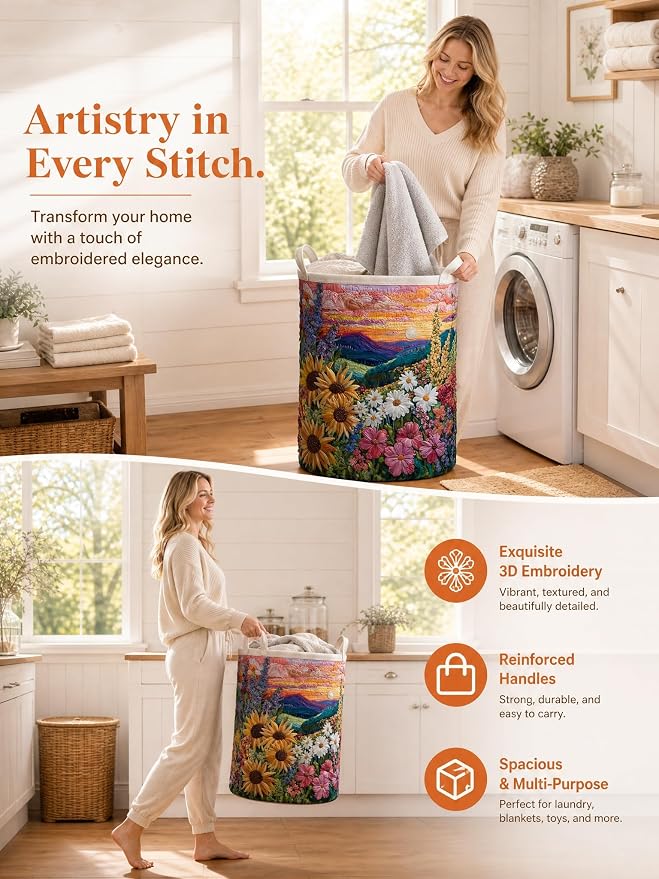 Quilted Laundry Basket with Handles, Boho Floral Quilted Storage Hamper, Large Capacity Laundry Hamper for Nursery Bedroom Laundry Room Home Decor (Pattern 02, Medium (22"H x 16"W x 16"L))
