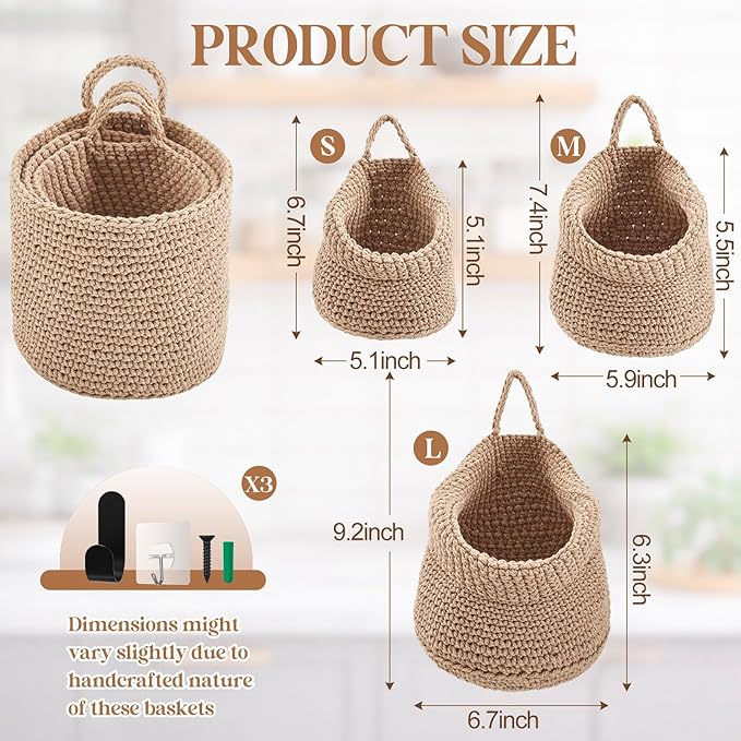 Honeydak 3 Hanging Baskets,Light Linen,Barrel,Cotton Rope | Wicker Wall Baskets with Hooks for Fruit Vegetable Onion Storage, Teardrop Organizer for Kitchen, Boho Farmhouse Decor