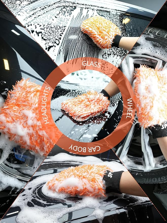 SPTA Microfiber Car Wash Mitt, 3Pcs Car Sponge Glove Wrapped in Soft, Plush Fiber Cloth Material, Safe Washing with Any Car Soap, Bucket, Foam Gun, Foam Cannon, Other Cleaning Supplies