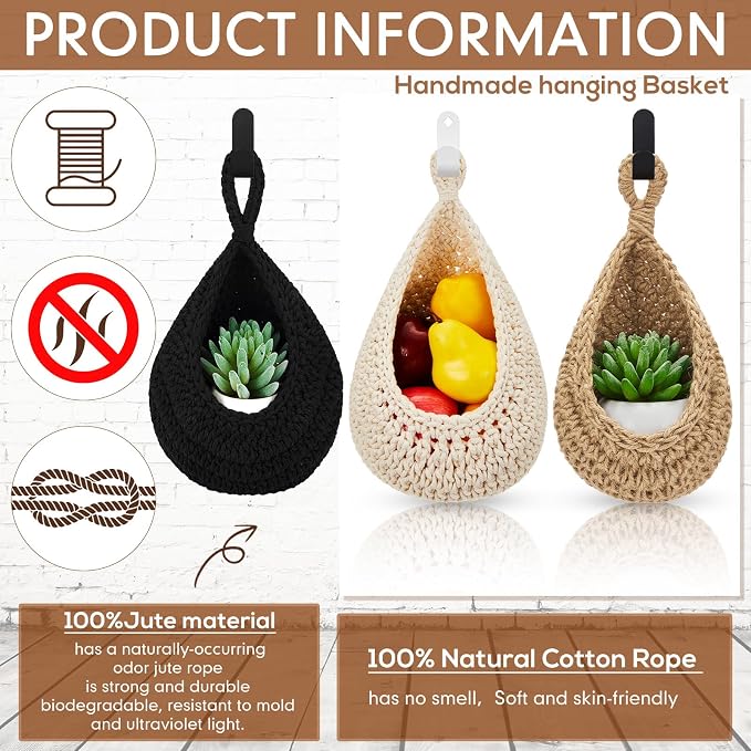 3 Hanging Baskets,Black,Teardrop,Cotton Rope | Wicker Wall Baskets with Hooks for Fruit Vegetable Onion Storage, Teardrop Organizer for Kitchen, Boho Farmhouse Decor